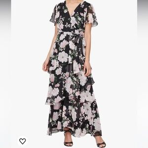 Long Flower Maxi with Surplice Neckline Tie belt and Tiered Skirt